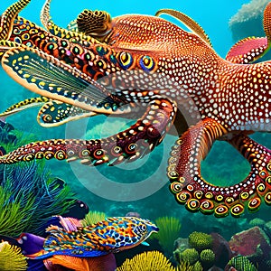 A whimsical octopus with peacock-like patterns, gracefully swimming through a vibrant underwater wonderland4, Generative AI