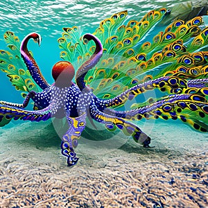 A whimsical octopus with peacock-like patterns, gracefully swimming through a vibrant underwater wonderland5, Generative AI