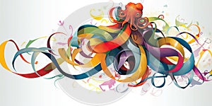 whimsical octopus playfully tangled in colorful assortment of ribbons, uncluttered background, concept of Organic
