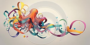 whimsical octopus playfully tangled in colorful assortment of ribbons, uncluttered background, concept of Organic