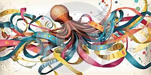 whimsical octopus playfully tangled in colorful assortment of ribbons, uncluttered background, concept of Organic