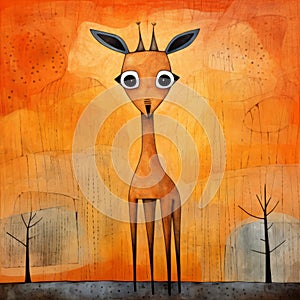 Whimsical Orange Giraffe Painting In The Style Of Goro Fujita