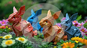 Whimsical Origami Bunnies Frolicking in Colorful Spring Meadow
