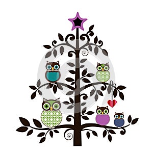 Whimsical owls in a tree