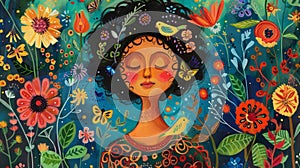 Whimsical Painting of Woman Embraced by Nature