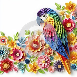 Whimsical Paper Dance: Kirigami Parrot Amid Colorful Blossoms, White Isolation for Artistic Impact