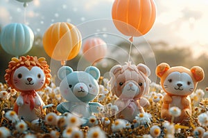 A whimsical parade of animals floating through the sky on balloons, promoting a new line of eco-friendly toys