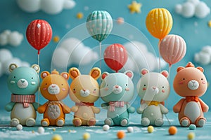 A whimsical parade of animals floating through the sky on balloons, promoting a new line of eco-friendly toys