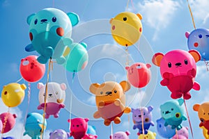 A whimsical parade of animals floating through the sky on balloons, promoting a new line of eco-friendly toys