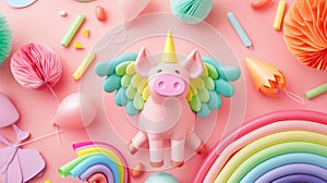 Whimsical party setup with a balloon unicorn, colorful decorations, and pastel tones on a pink background