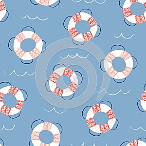 Whimsical, Pastel-Colored Hand-Drawn with Crayons, Lifebuoys in Sea Vector Seamless Pattern for Kids and Babies