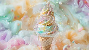 Whimsical pastel ice cream dreamland with colorful swirls and cute sprinkles in dreamy sky