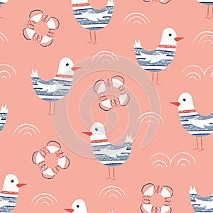 Whimsical Pastel Nautical Hand-Drawn with Crayons, Lifebuoys and Seagulls Vector Seamless Pattern for Kids and Babies