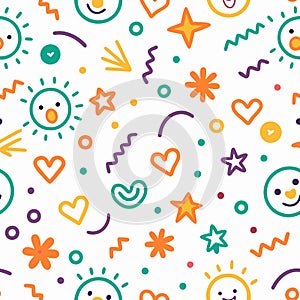 Whimsical pattern of sun, hearts, stars, and faces