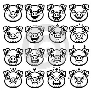 Whimsical Piggy Portraits: A Charming Vector Set of Adorable Facial Expressions