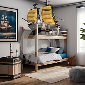 A whimsical pirate ship-themed bedroom with ship beds, treasure chests, and nautical decor1