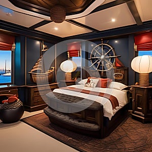 A whimsical pirate ship-themed bedroom with ship-shaped beds and nautical decor1
