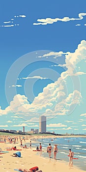 Whimsical Pixelart Skyline: Detailed, Realistic Forms In A Big Cloudy Sky