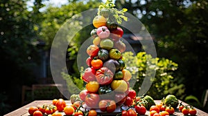 A whimsical and playful arrangement of heirloom tomatoes, creatively stacked to form a quirky tomato tower in a surreal garden