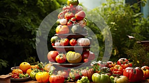 A whimsical and playful arrangement of heirloom tomatoes, creatively stacked to form a quirky tomato tower in a surreal garden