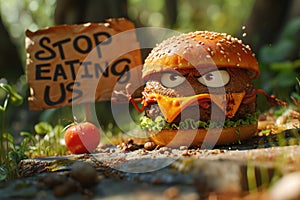 Whimsical plea: cartoon characters, fast food holding a sign 'Stop Eating Us.' A playful take on the concept of