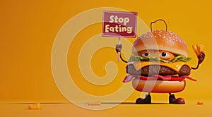 Whimsical plea: cartoon characters, fast food holding a sign 'Stop Eating Us.' A playful take on the concept of