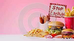 Whimsical plea: cartoon characters, fast food holding a sign 'Stop Eating Us.' A playful take on the concept of