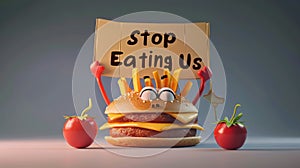 Whimsical plea: cartoon characters, fast food holding a sign 'Stop Eating Us.' A playful take on the concept of