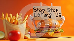 Whimsical plea: cartoon characters, fast food holding a sign 'Stop Eating Us.' A playful take on the concept of