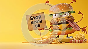 Whimsical plea: cartoon characters, fast food holding a sign 'Stop Eating Us.' A playful take on the concept of