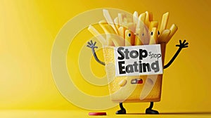 Whimsical plea: cartoon characters, fast food holding a sign 'Stop Eating Us.' A playful take on the concept of