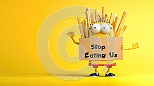 Whimsical plea: cartoon characters, fast food holding a sign 'Stop Eating Us.' A playful take on the concept of