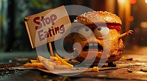 Whimsical plea: cartoon characters, fast food holding a sign 'Stop Eating Us.' A playful take on the concept of