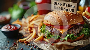 Whimsical plea: cartoon characters, fast food holding a sign 'Stop Eating Us.' A playful take on the concept of