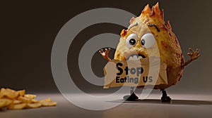 Whimsical plea: cartoon characters, fast food holding a sign 'Stop Eating Us.' A playful take on the concept of