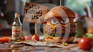 Whimsical plea: cartoon characters, fast food holding a sign 'Stop Eating Us.' A playful take on the concept of