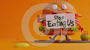 Whimsical plea: cartoon characters, fast food holding a sign 'Stop Eating Us.' A playful take on the concept of