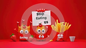 Whimsical plea: cartoon characters, fast food holding a sign 'Stop Eating Us.' A playful take on the concept of