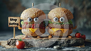 Whimsical plea: cartoon characters, fast food holding a sign 'Stop Eating Us.' A playful take on the concept of