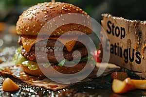 Whimsical plea: cartoon characters, fast food holding a sign 'Stop Eating Us.' A playful take on the concept of