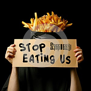 Whimsical plea: cartoon characters, fast food holding a sign & x27;Stop Eating Us.& x27; A playful take on the concept of