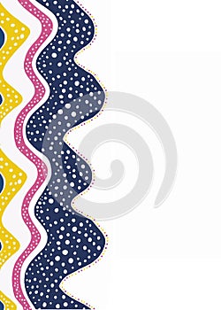 Whimsical polka-dot and wave pattern yellow pink and blue background.