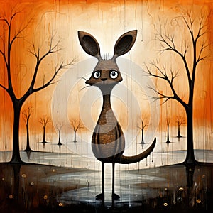 Whimsical Pop-surrealism: Funny Orange Kangaroo In Rain Storm