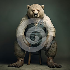Whimsical Portrait Of A Brown Bear On A Wooden Chair