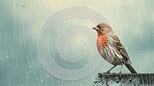 Whimsical Portrait Of A Rednecked Finch In The Rain