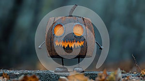 Whimsical pumpkin character with a spooky face autumn background photo