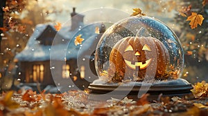 Pumpkin with a Happy Face Inside a Snow Globe photo