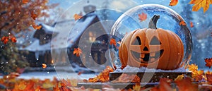 Pumpkin with a Happy Face Inside a Snow Globe photo