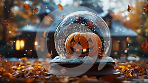 Pumpkin with a Happy Face Inside a Snow Globe photo