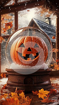 Pumpkin with a Happy Face Inside a Snow Globe photo